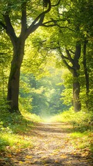 Obraz premium A serene forest path illuminated by sunlight, inviting exploration.