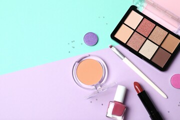 Professional decorative cosmetics, make-up products and accessories on color background, minimal style. Beauty, fashion, visage and shopping blogger concept