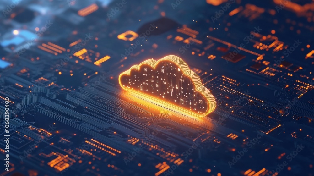 Poster cloud icon circuit board represents cloud data processing