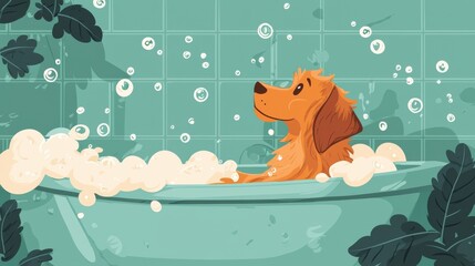 Joyful dog enjoys soapy bath time with bubbles and fun splashes