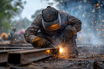 Close-up of a man welding metal, sparks flying in an industrial background
