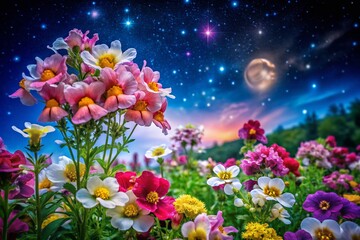 Fototapeta premium Captivating Night Photography of Blooming Nemesia in a Vibrant Garden Under a Starlit Sky During Sunny June, Showcasing Nature's Beauty and Serenity in Full Bloom