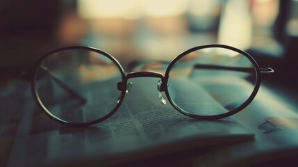 Reading glasses on a magazine page, soft focus and blurred background