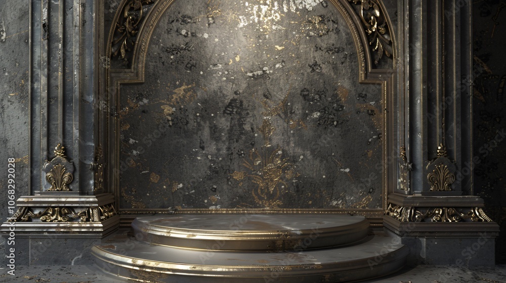 Poster a circular platform with two tiers sits in front of a wall with an arched doorway. the wall is made 
