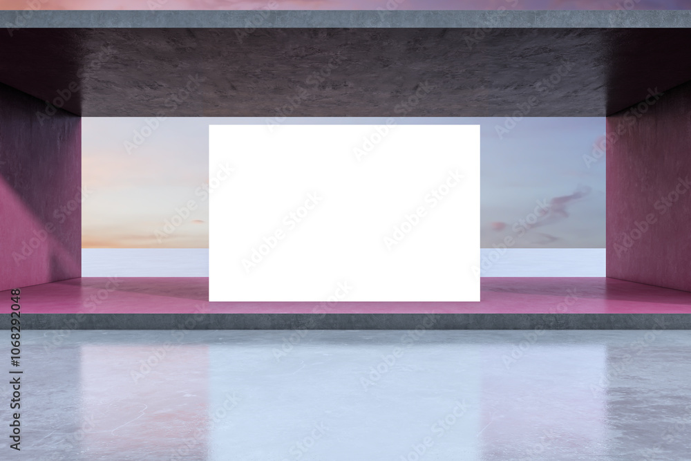 Poster abstract concrete exhibition space with empty white mock up poster and sunset sky background. creati