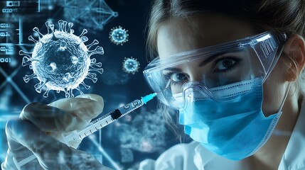 A scientist prepares a syringe near a digital representation of a virus, emphasizing research.