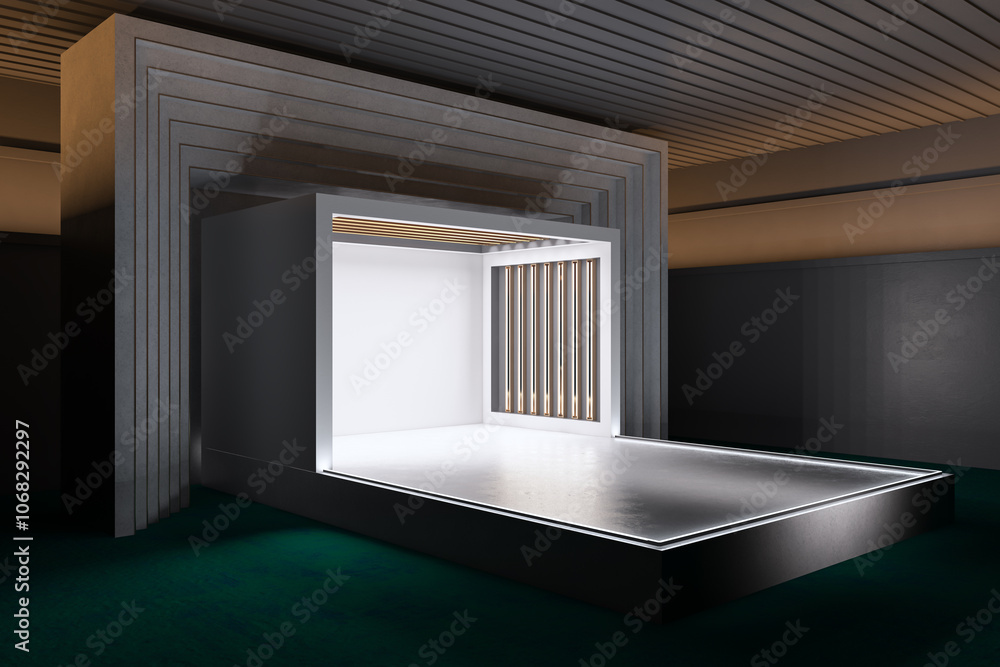 Aufkleber side view of creative white theater stage design. performance and act concept. 3d rendering.