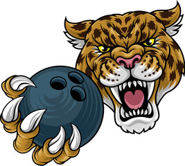 A jaguar, panther, leopard or cheetah wildcat spotted cat bowling sports team mascot holding a ball