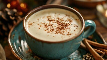 Cozy close-up of a cup of latte with a sprinkle of cinnamon, surrounded by warm tones of a holiday table setting.