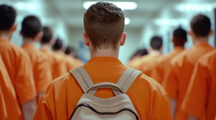Juvenile Detainees Walking in Hallway with Backpacks Back view of a group of juveniles in orange uniforms, walking down a hallway with backpacks, symbolizing detention or correctional facility