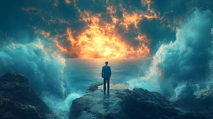 Obraz premium Businessman standing on the edge of a cliff and looking at the ocean