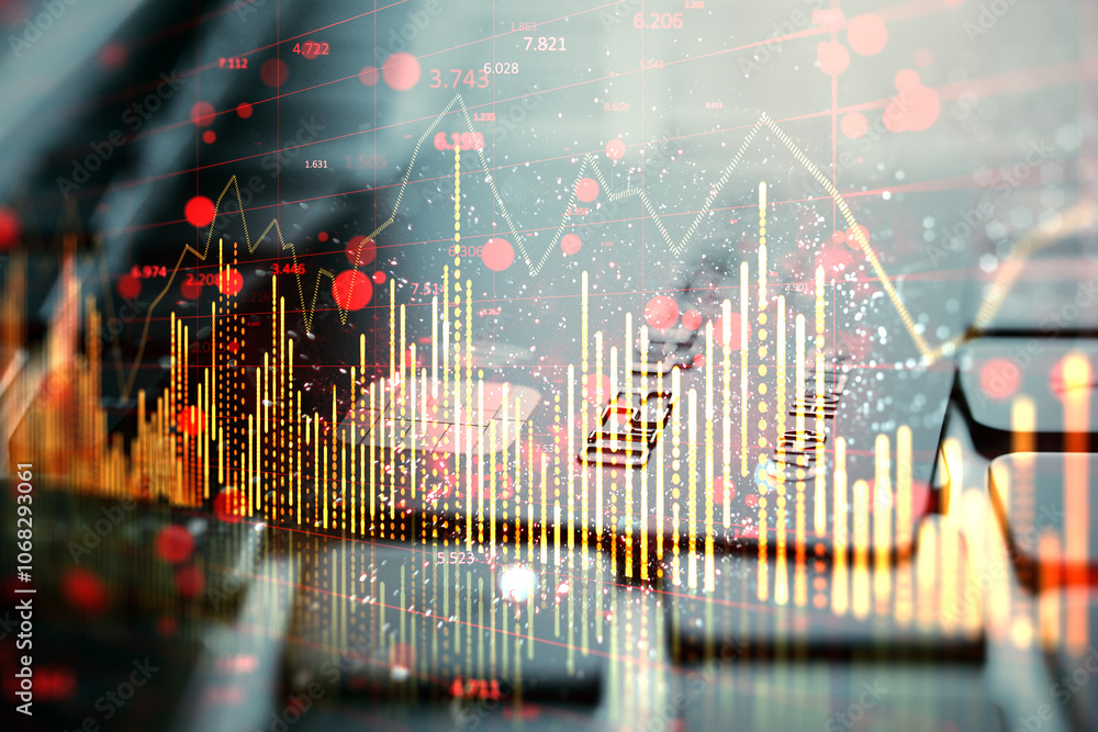 Poster close up of bank cards on keyboard with falling red candlestick forex chart on blurry background. cr