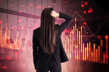 Back view of pensive young european businesswoman with falling red candlestick forex chart on blurry office background. Crisis and market recession concept. Double exposure.