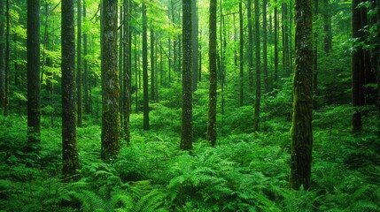 Fototapeta premium Enchanting Temperate Rainforest Canopy with Cedar and Fir Trees, Lush Green Ferns, and Moss - Ultra-Detailed Natural Background Scene
