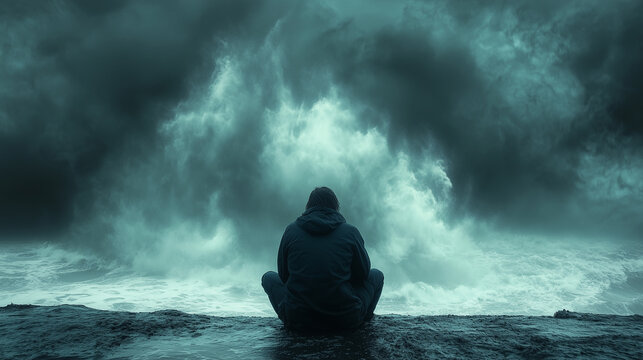 Person sitting in despair as an extreme weather event looms, representing the irreversible consequences of decades of climate neglect, denial, and the unchecked power of consumer-driven society