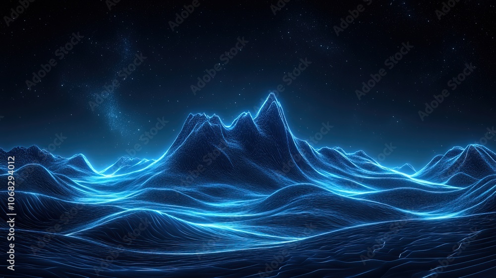 Poster futuristic digital landscape with dynamic blue neon lines and particle flow