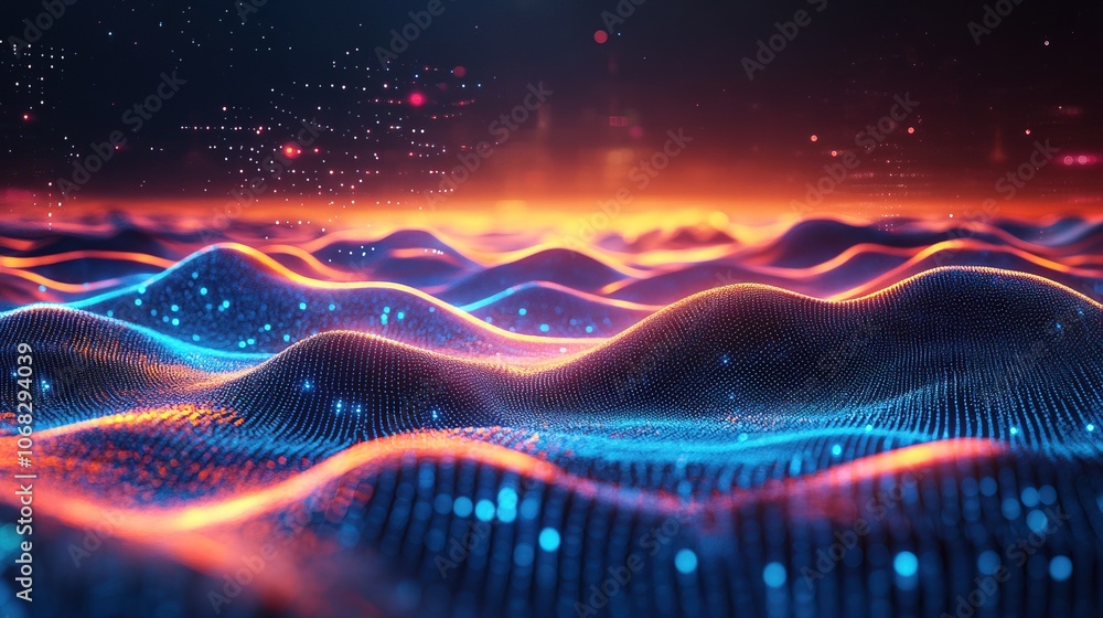 Poster futuristic digital landscape with dynamic blue neon lines and particle flow