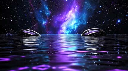 Futuristic Spaceships on a Watery Surface with a Starry Sky Background