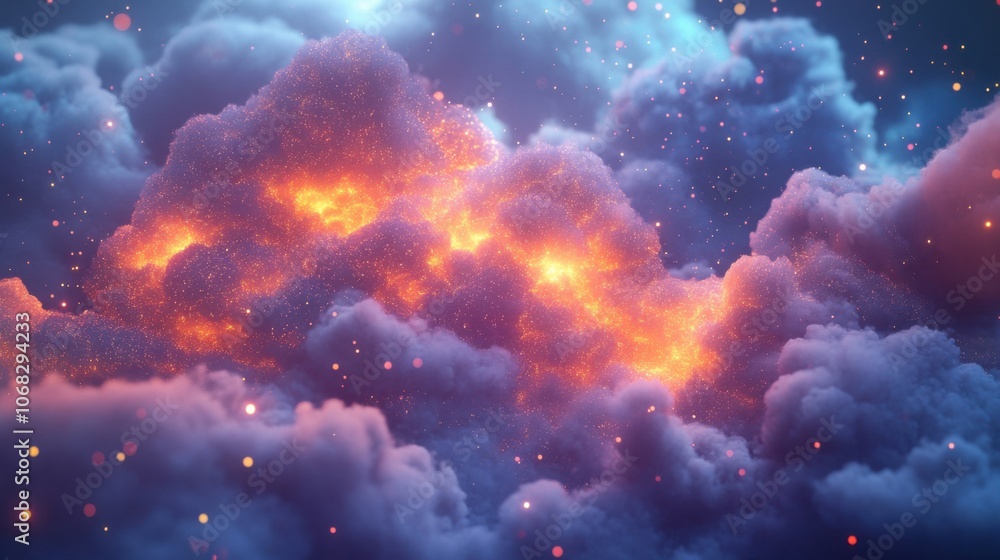 Poster digital cloud glowing particles represents cloud computing integration