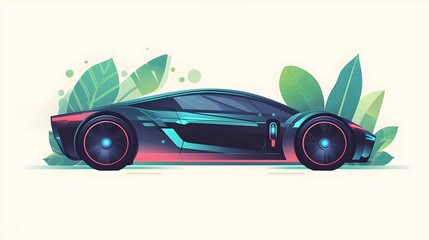 Futuristic Electric Car Concept with Sleek Metallic Chassis and Lush Green Recharging Station