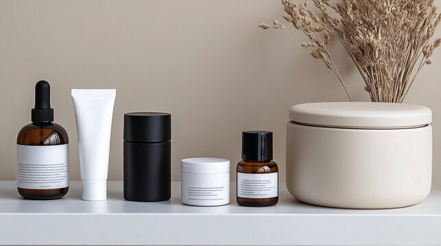 Conjunto de productos de cosm&eacute;tica en envases variados de vidrio y pl&aacute;stico, en tonos neutros y dise&ntilde;o minimalista, decorado con plantas secas sobre fondo beige.

