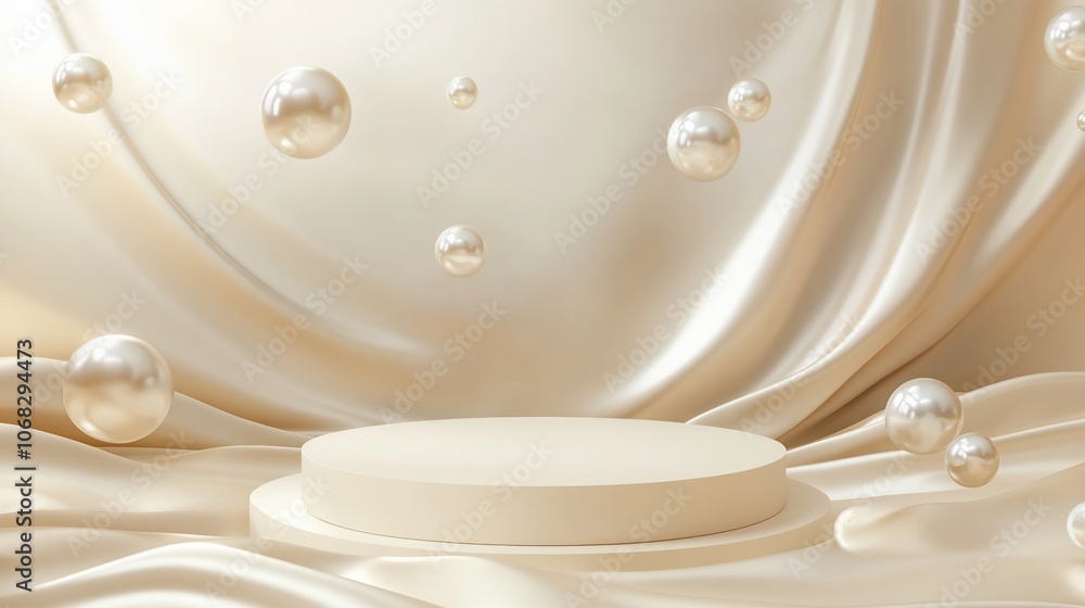 Poster a minimalist product display featuring a round podium with floating pearls against a luxurious satin