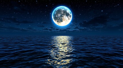 Full Moon Over Ocean at Night Starry Sky Calm Waters Nature Seascape