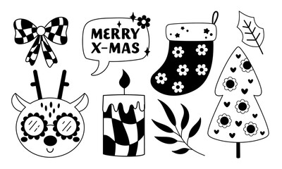 Black and white retro groovy Christmas clipart set. Cute festive doodle. Hand drawn vector illustration in flat style.	
