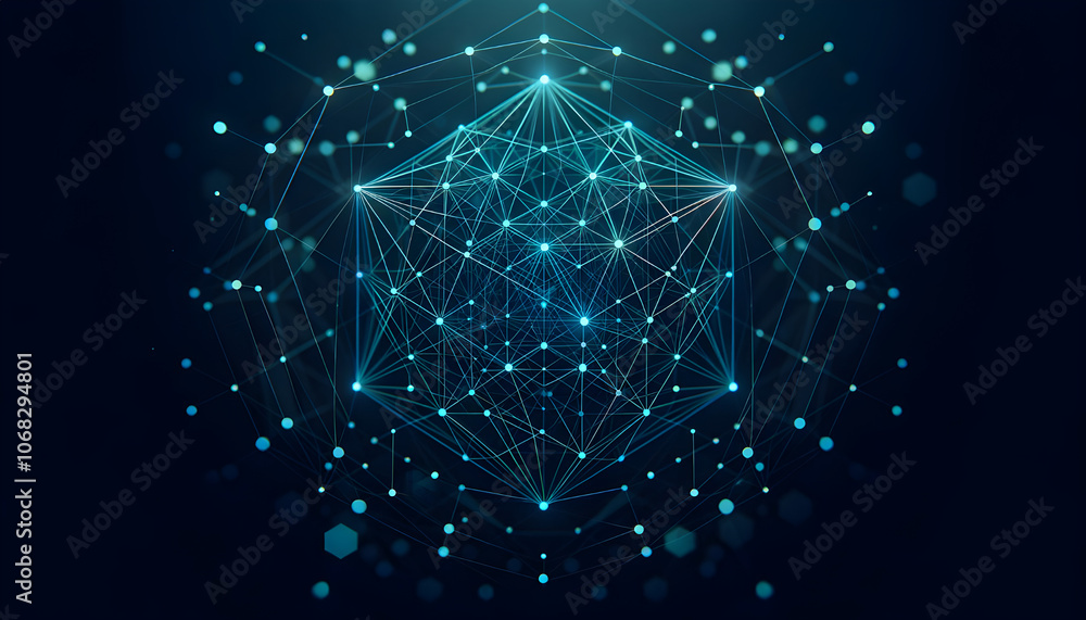 Poster an intricate network of connected dots and lines on a dark cube-shaped background, the concept of di