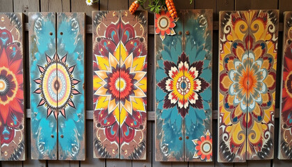 Obraz premium Distressed wood background with boho accents, faded wood panels with painted mandalas and floral motifs, creating a rustic and well-worn aesthetic