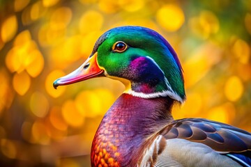 Obraz premium Captivating Portrait of a Duck with Vibrant Feathers Against a Soft Background, Perfect for Nature and Wildlife Themes, Featuring Copy Space for Creative Use