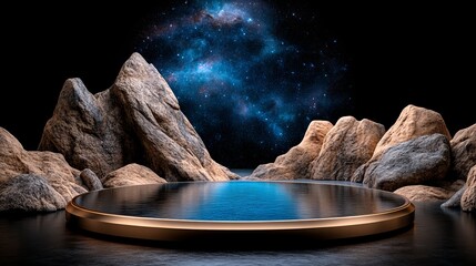 Golden Podium with Mountain Milky Way Galaxy Background Product Presentation Mockup