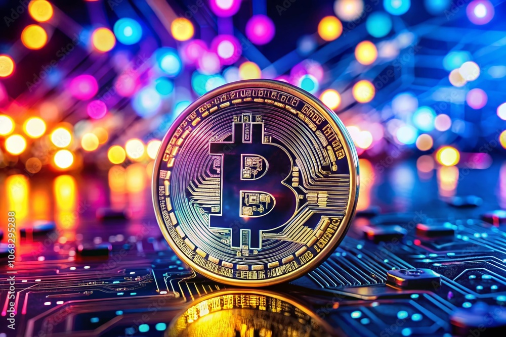 Poster captivating portrait of bitcoin against a futuristic digital background, emphasizing cryptocurrency 