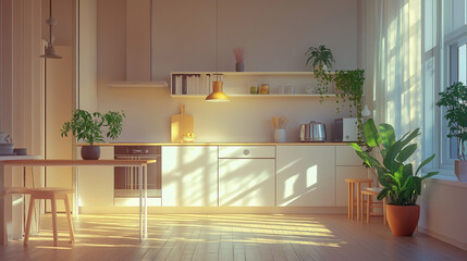 Minimalist Kitchen Interior with Warm Sunlight and Indoor Plants