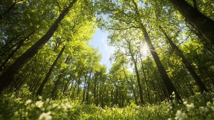 Obraz premium Serenity in Bloom: Majestic Forest with Vibrant Wildflowers and Towering Trees under Clear Blue Sky