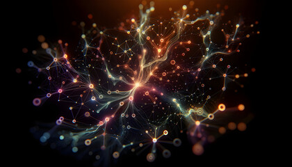 Obraz premium Vivid network of connected dots and lines with glowing effects on dark background, digital concept