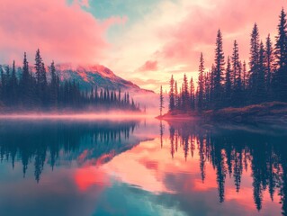 Obraz premium Serene landscape with a lake reflecting colorful skies and tall trees.