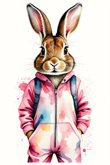 The cute rabbit in pink jumpsuit, cartoon style, for fairy tale.
