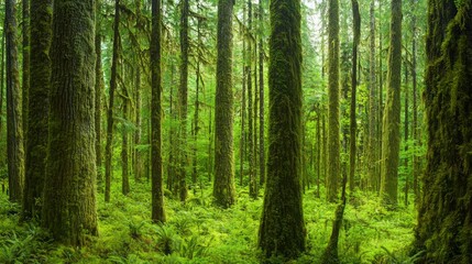Naklejka premium Enchanting Lush Green Forest with Towering Moss-Covered Trees in Thriving Ecosystem - Ultra-Detailed Nature Photography