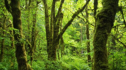 Obraz premium Enchanting Forest Canopy: Vibrant Moss and Lichen Covered Trees in a Thriving Ecosystem