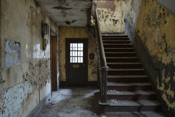 Obraz premium A stairway in an abandoned building with peeling paint on the walls