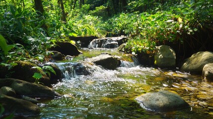 Obraz premium Serene Forest Creek: Tranquil Water Flow in Lush Greenery with Smooth Stones - Relaxing Nature Scene of Rich Ecosystem
