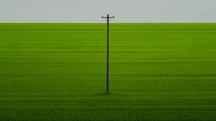 Obraz premium Vast Green Rice Field with Telephone Pole Against a Clear Sky – Rural Landscape, Agricultural Scene, and Natural Beauty