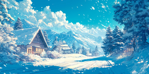 Japanese or fantasy eastern landscape. Anime winter Christmas time art. Beautiful view small town downtown background. Digital painting. Poster, invitation, flyer, banner header. Generative Ai content