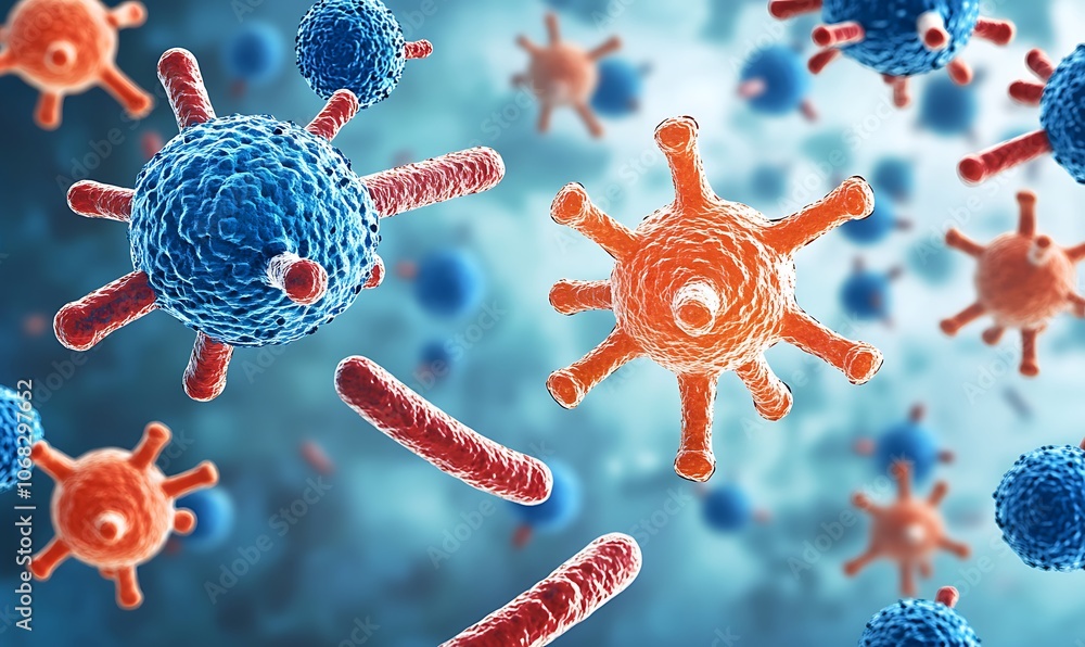 Poster close-up view of colorful bacteria and viruses in a microscopic environment.