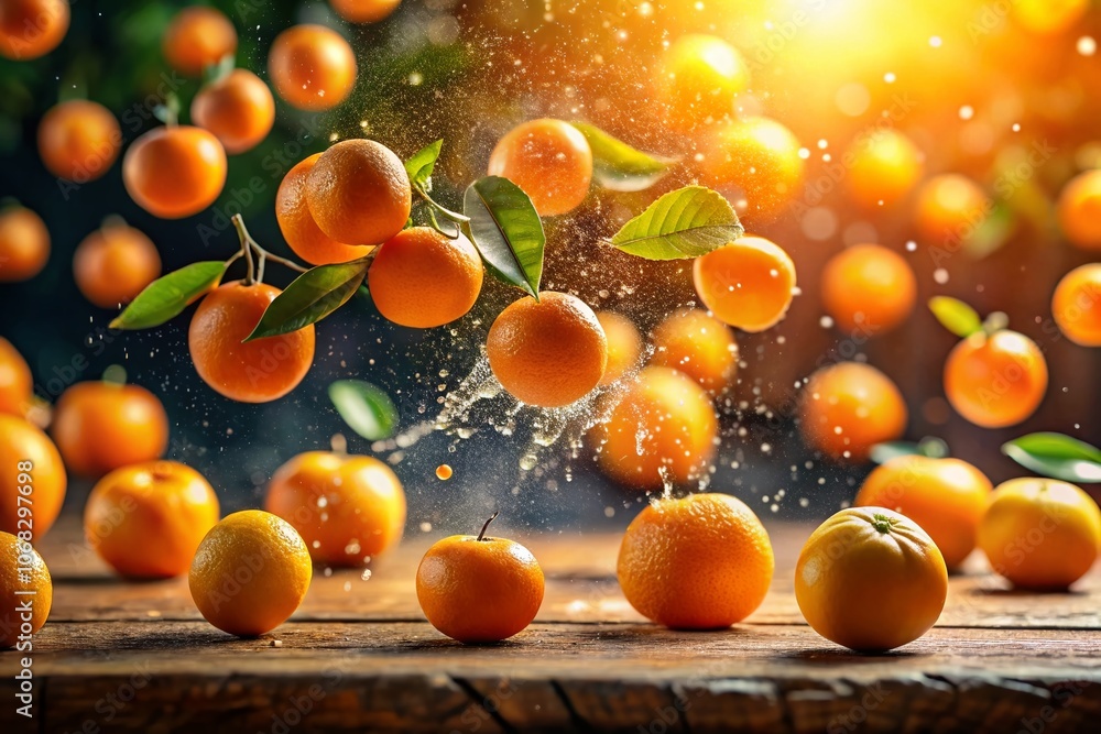 Poster captivating slow motion of oranges falling, showcasing high depth of field for a vibrant and dynamic