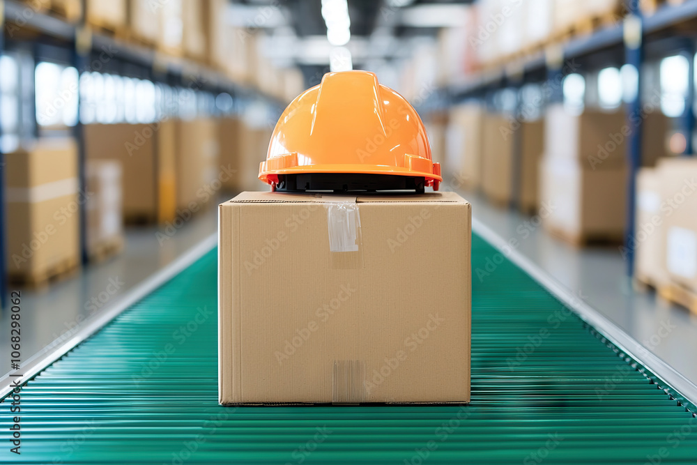 Poster busy distribution center features orange hard hat on cardboard box, symbolizing safety and efficienc