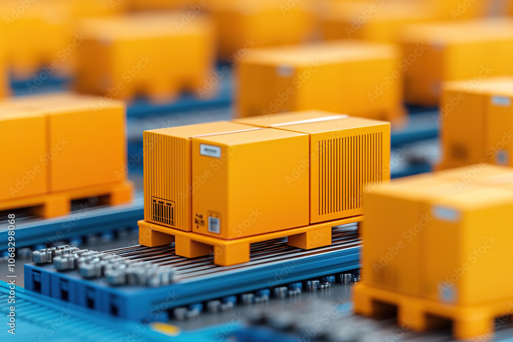 Poster automated distribution center with yellow cargo containers on conveyor. efficient logistics and mode