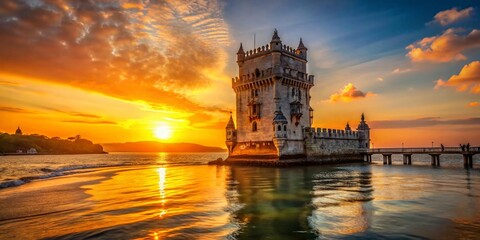 Naklejka premium Captivating Sunset Over Belem Tower in Lisbon, Emphasizing the Rich Historical Architecture and Serene Waters for Stunning Candid Photography
