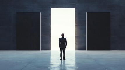 Obraz premium A man stands in front of a doorway, looking out into the distance